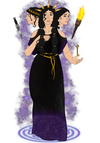 Artist's rendition of the Ancient Greek Goddess, Hekate. She has pale, but olive toned skin, a linen dress that is a mix of a peplos and chiton, and long, black hair. Two similar heads float above each shoulder, both with unique Ancient Greek hairstyles.