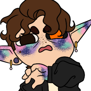 A simple, cartoony drawing of the artist's character Alec. They have pale, olive toned skin covered in galaxy-like markings, large elf ears, curly brown hair, and heterochromia; one eye brown, the other orange with a black sclera. They look disgusted.