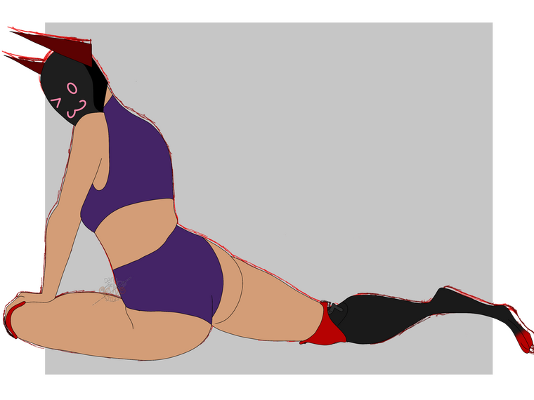 The artist's character named Rabbit. Her skin is a tan-olive tone and she wears athletic clothing. Her head is hidden by a modified helmet with "rabbit" ears and a screen displaying a wink. Her natural legs stop above the knee and continue into prosthetics