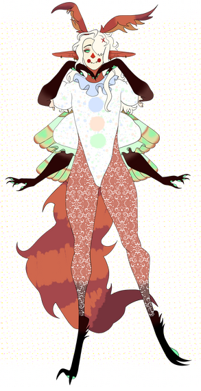 A tall, slender, four armed man that is a mix of a flea and a fairy. His face is painted like a clown and wears a clown-like leotard. He has long elf ears, tall, fluffy antennae, and teal-ish wings. His hands and bug-like feet have bright teal "paw pads".