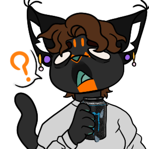 A simple, cartoony drawing of the artist's anthro/furry character. They are drawn to look exhausted as they hold an energy drink. They are various shades of grey with orange markings, teal flesh, and brown wavy hair. They wear gauges and normal earrings.