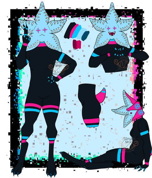 A dark blue demogorgon with neon pink and blue stripes on their ankles, thighs, biceps, wrists, neck, and knuckles. Their “face” looks like a pale blue flower with two rows of teeth on each petal, neon pink “t”s where eyes would be.