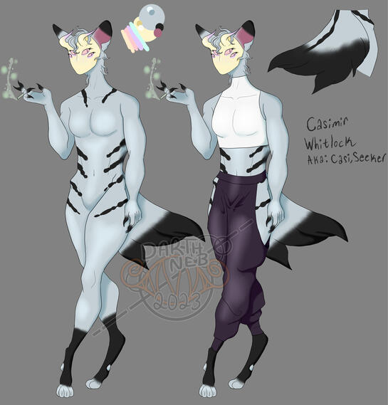 A digitigrade creature from the artist's species Peregrinus. He is pale blue with charcoal markings, large serval-like ears, and a thick tail. His face is a speckled, crystal-like pale yellow mask with backwards facing horns and four pale pink eyes.