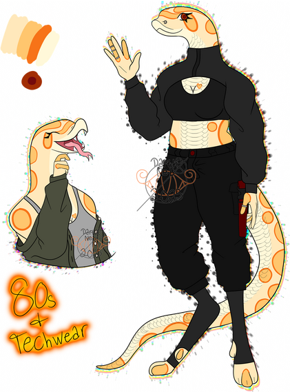 A drawing of a feminine, anthropomorphic hognose snake. She is pale orange in color with darker orange markings, has a long tail, and paw-like digitigrade feet. She wears tech wear, many rings, and a nostril piercing.