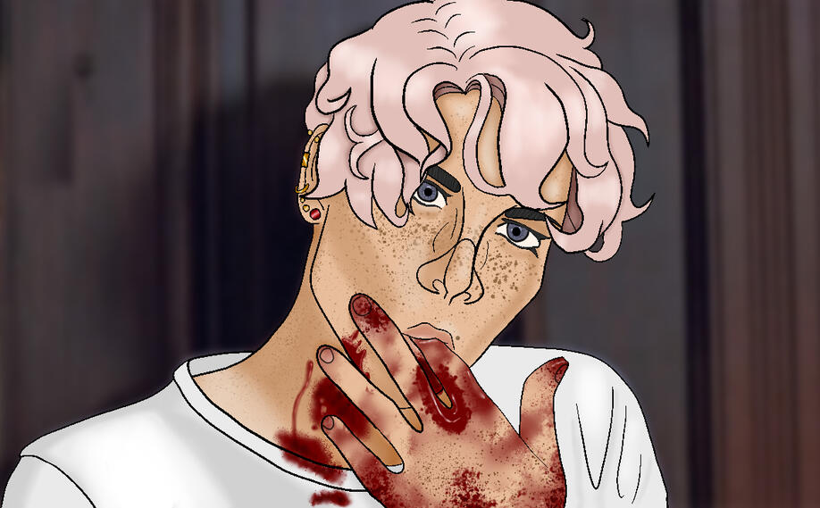 A screenshot redraw from the movie Scream of the artist's character, Ib, in place of Billy Loomis. Ib has tanned olive skin, copious freckles, pale pink hair, and grey-blue eyes. He has various ear piercings and is covered in fake blood.