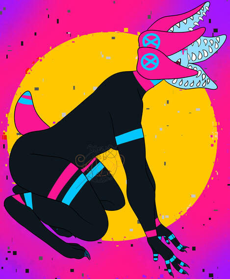 A personal take on the Demogorgon from Stranger Things, a dark, feminine body with neon stripes on their ankles, thighs, wrists, biceps, and neck. The "face" is pale blue with neon pink "t"s where eyes would be and a smile made of large, sharp teeth.