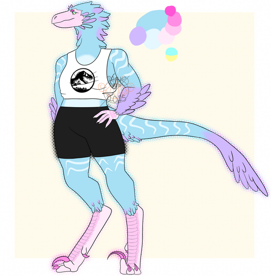 A Female anthropomorphic character based on a Utahraptor. She is various pastel shades of blue, purple, and pink, with feathers on her forearms, neck, and end of tail. She wears a Jurassic Park tank top and bike shorts.